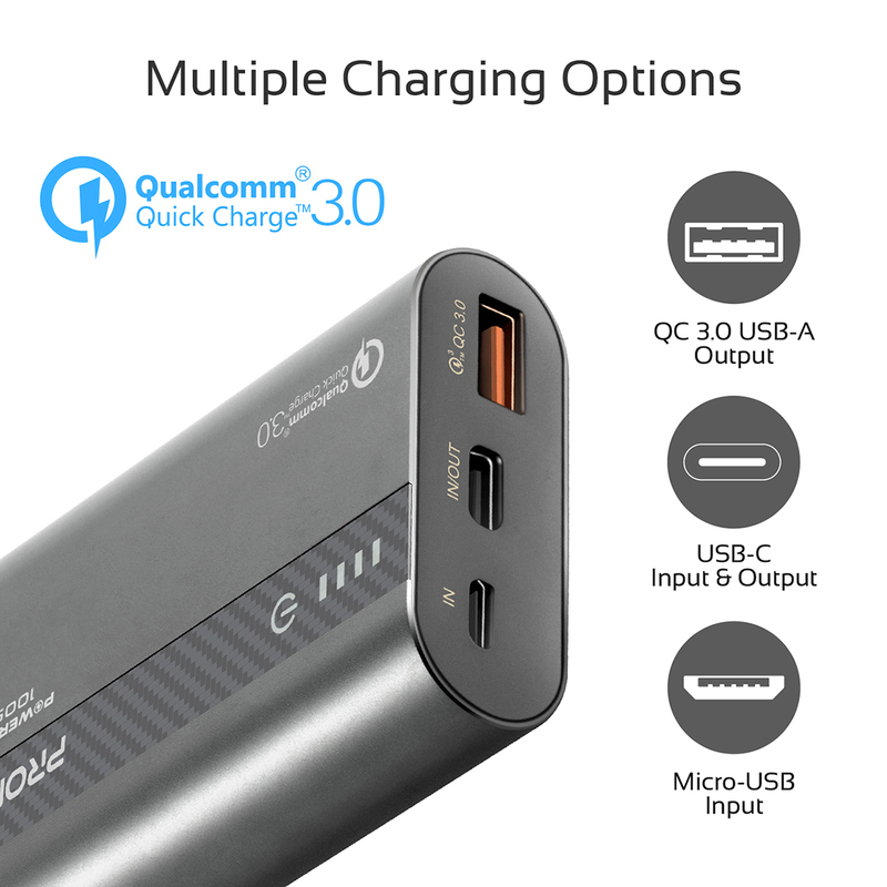Promate 10000mAh PowerTank-10 USB-C Power Bank, Compact Palm Size 18W USB Type-C Input /Output Power Delivery External Battery Charger with QC 3.0 Port for iPhone XS /XS Max, Samsung S9/S9+, Grey